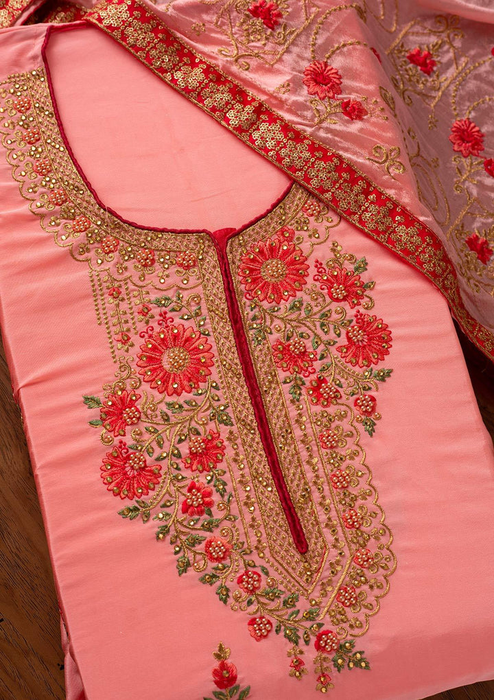 Pink Zariwork Semi Crepe Designer Unstitched Salwar Suit - koskii