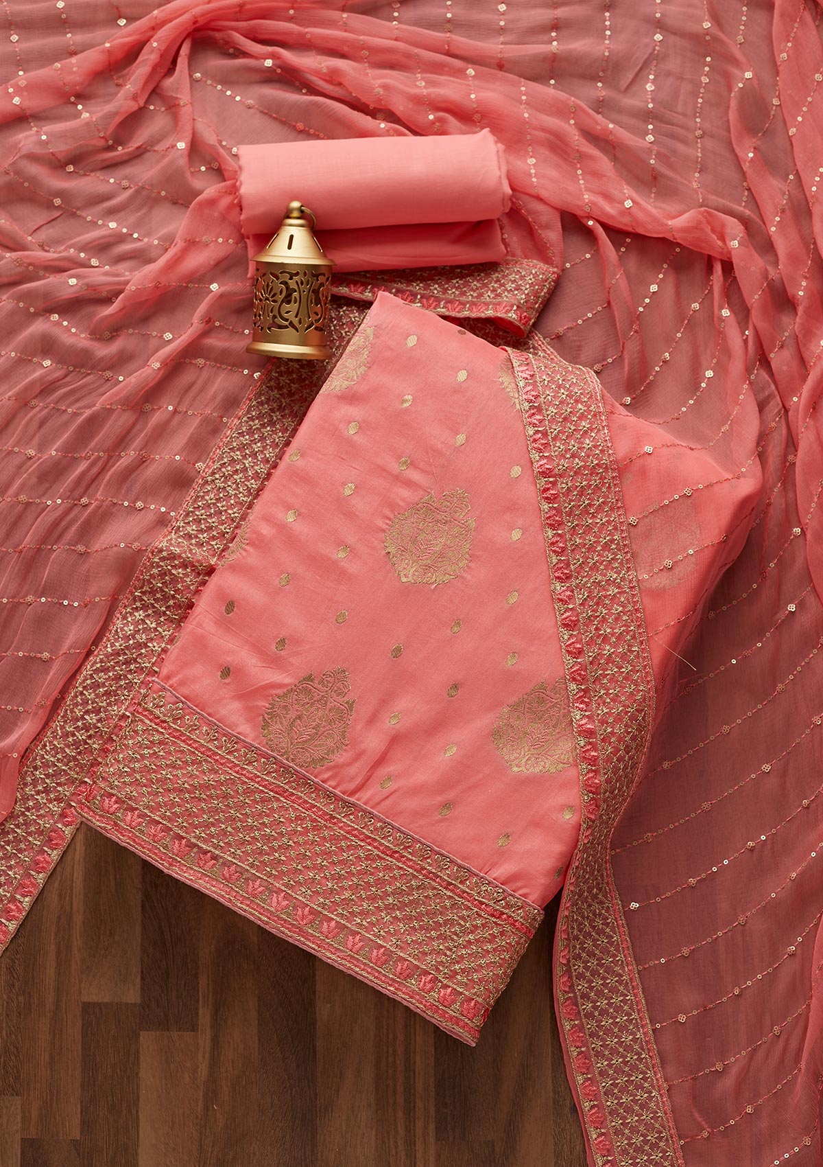 Pink Zariwork Semi Crepe Unstitched Salwar Suit- Koskii