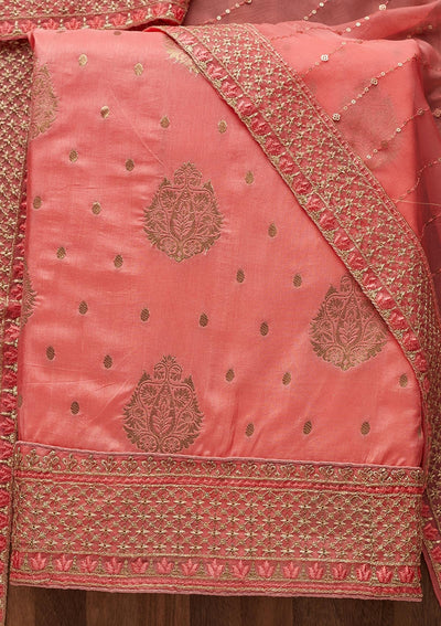 Pink Zariwork Semi Crepe Unstitched Salwar Suit - Koskii