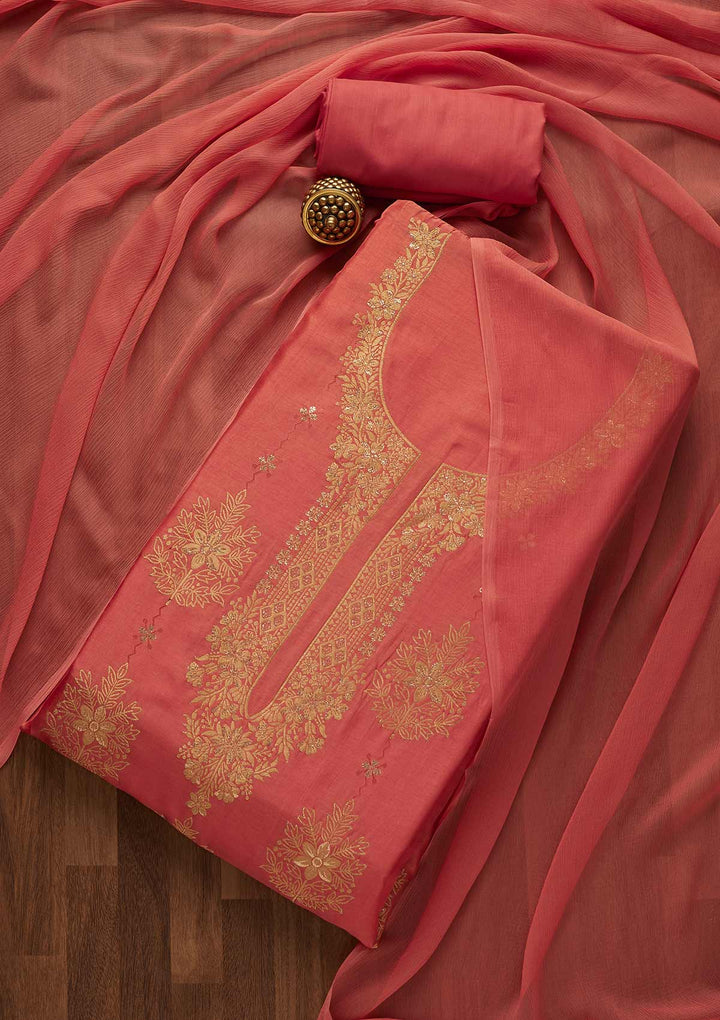 Pink Zariwork Semi Crepe Unstitched Salwar Suit-Koskii