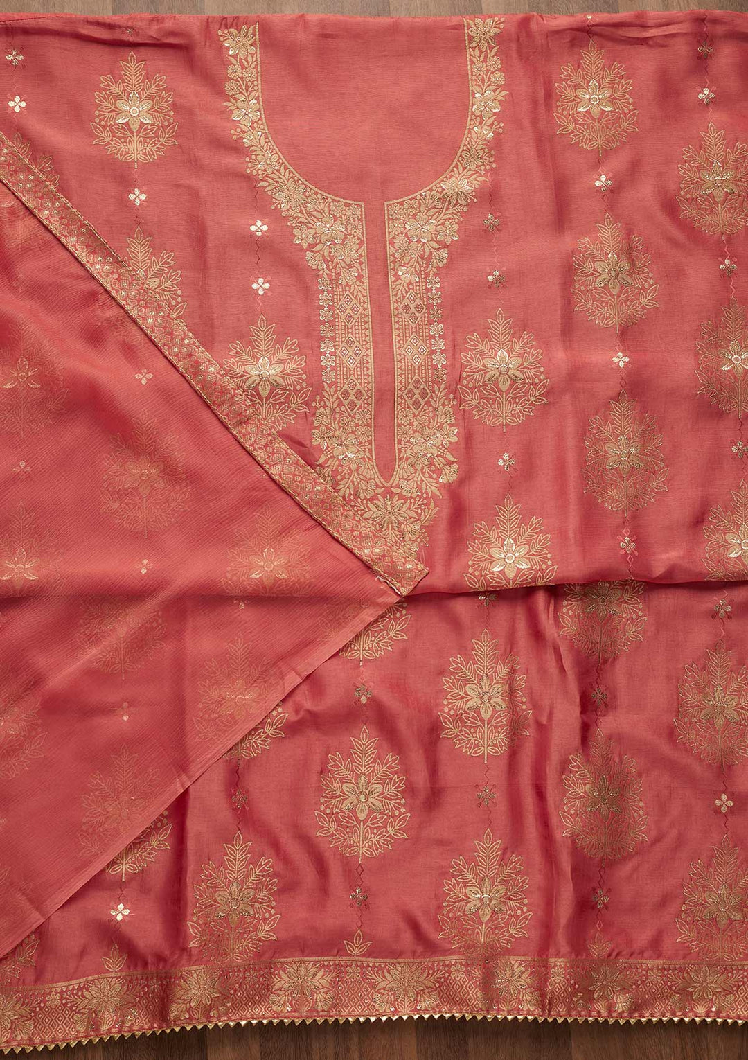 Pink Zariwork Semi Crepe Unstitched Salwar Suit-Koskii