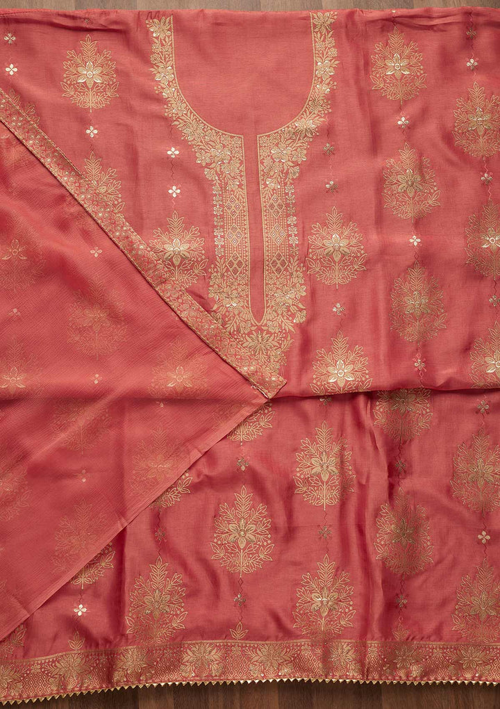 Pink Zariwork Semi Crepe Unstitched Salwar Suit-Koskii