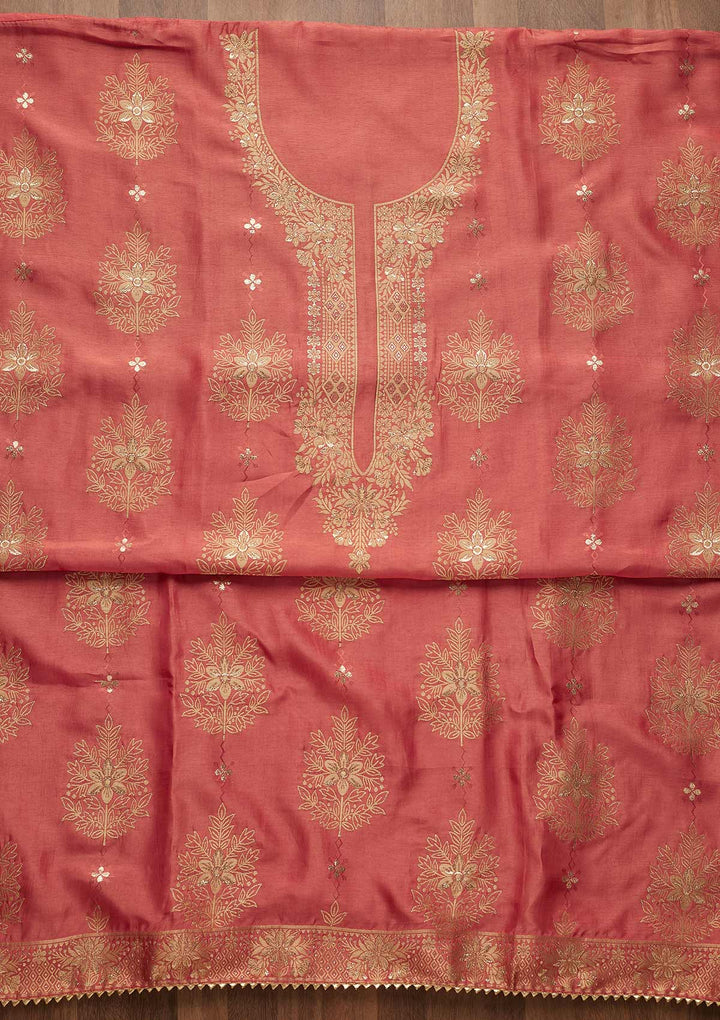 Pink Zariwork Semi Crepe Unstitched Salwar Suit-Koskii