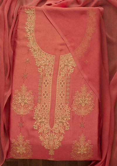 Pink Zariwork Semi Crepe Unstitched Salwar Suit-Koskii