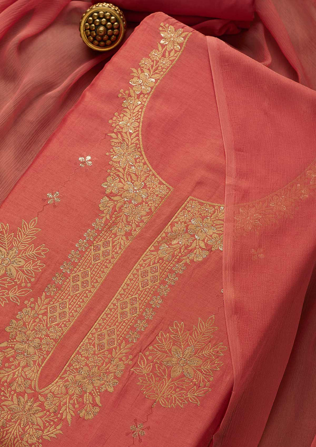 Pink Zariwork Semi Crepe Unstitched Salwar Suit-Koskii