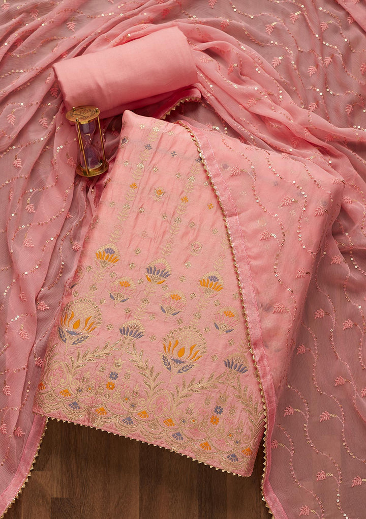 Pink Zariwork Semi Crepe Unstitched Salwar Suit-Koskii
