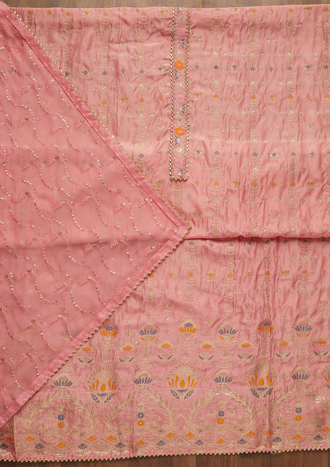 Pink Zariwork Semi Crepe Unstitched Salwar Suit-Koskii
