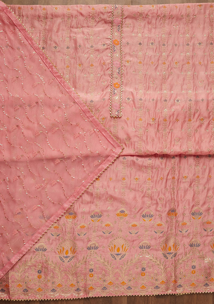 Pink Zariwork Semi Crepe Unstitched Salwar Suit-Koskii