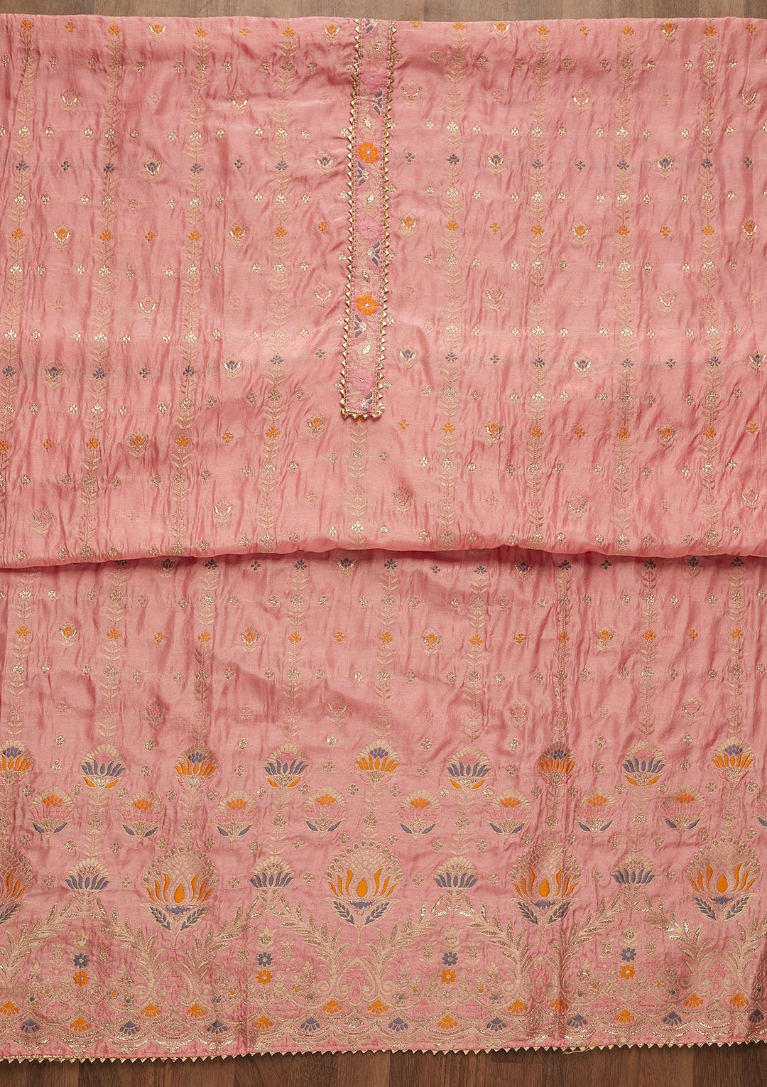 Pink Zariwork Semi Crepe Unstitched Salwar Suit-Koskii