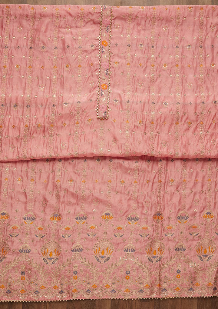 Pink Zariwork Semi Crepe Unstitched Salwar Suit-Koskii