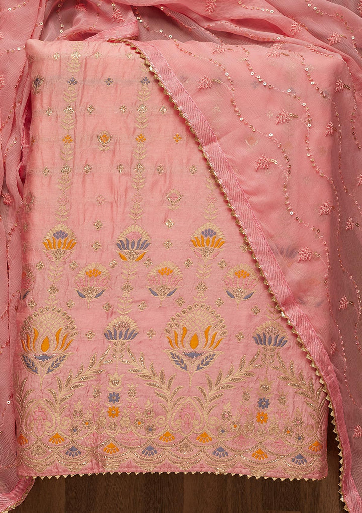 Pink Zariwork Semi Crepe Unstitched Salwar Suit-Koskii