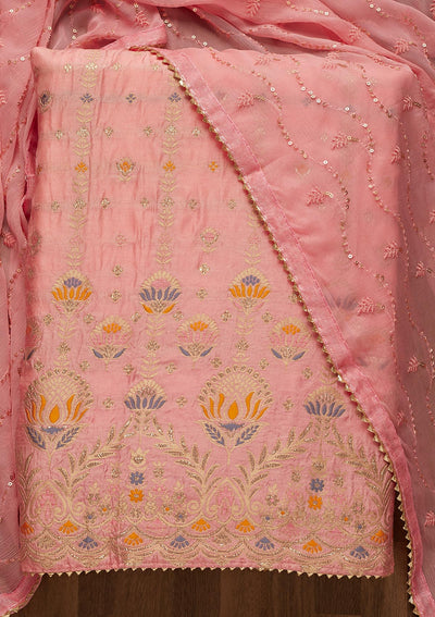 Pink Zariwork Semi Crepe Unstitched Salwar Suit-Koskii