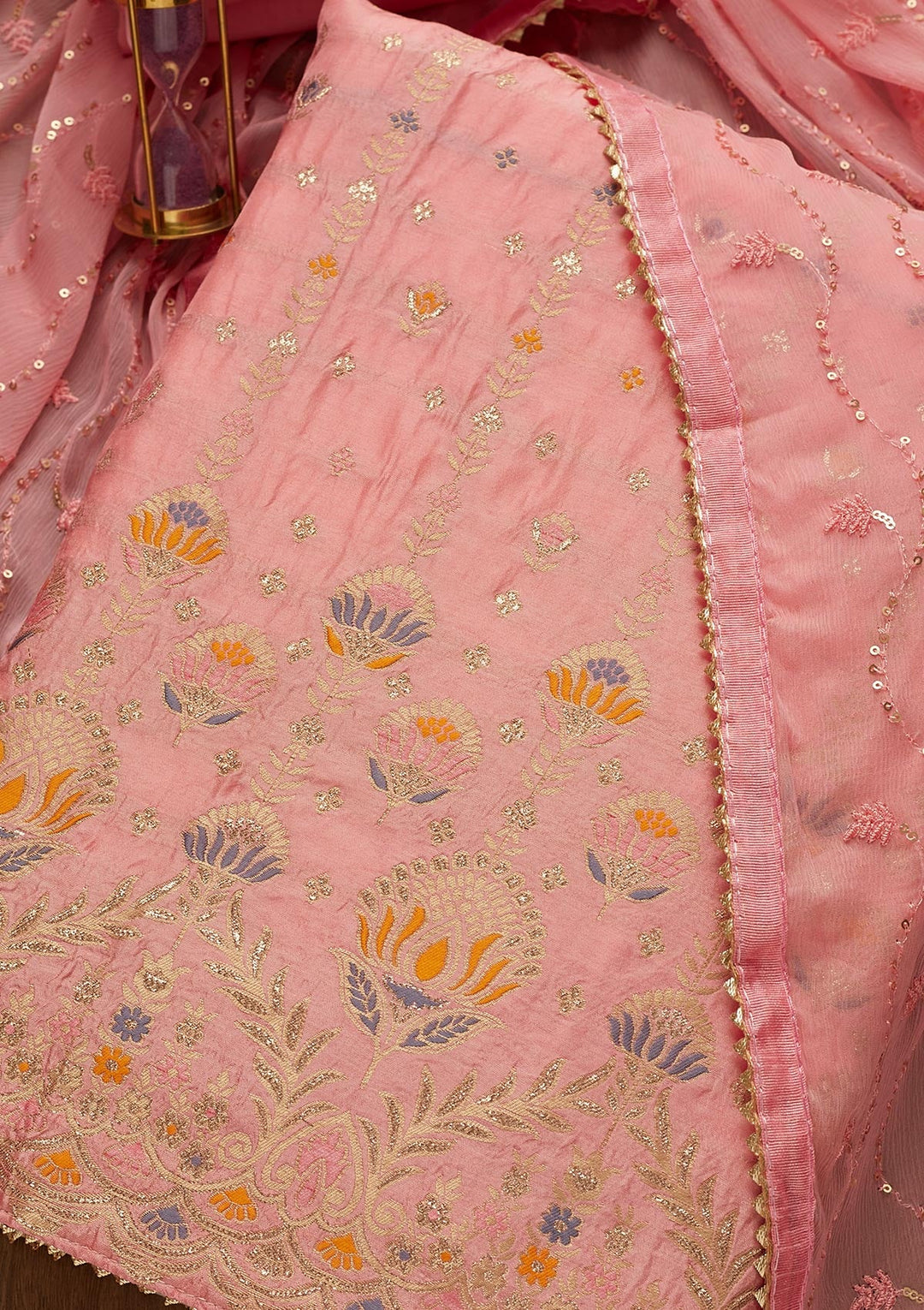 Pink Zariwork Semi Crepe Unstitched Salwar Suit-Koskii