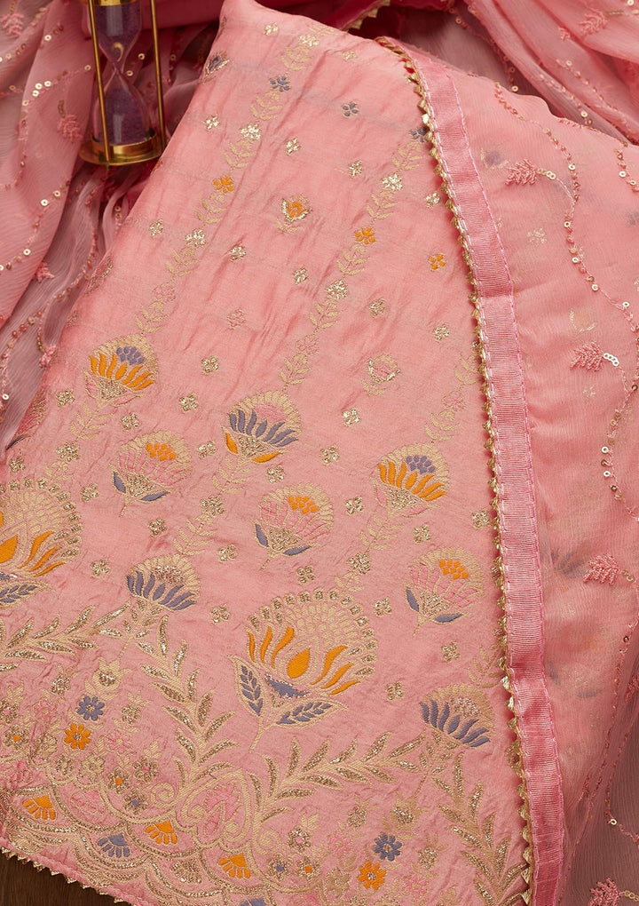 Pink Zariwork Semi Crepe Unstitched Salwar Suit-Koskii