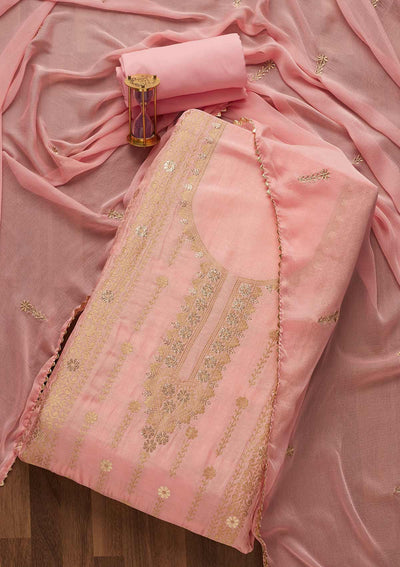 Pink Zariwork Semi Crepe Unstitched Salwar Suit-Koskii