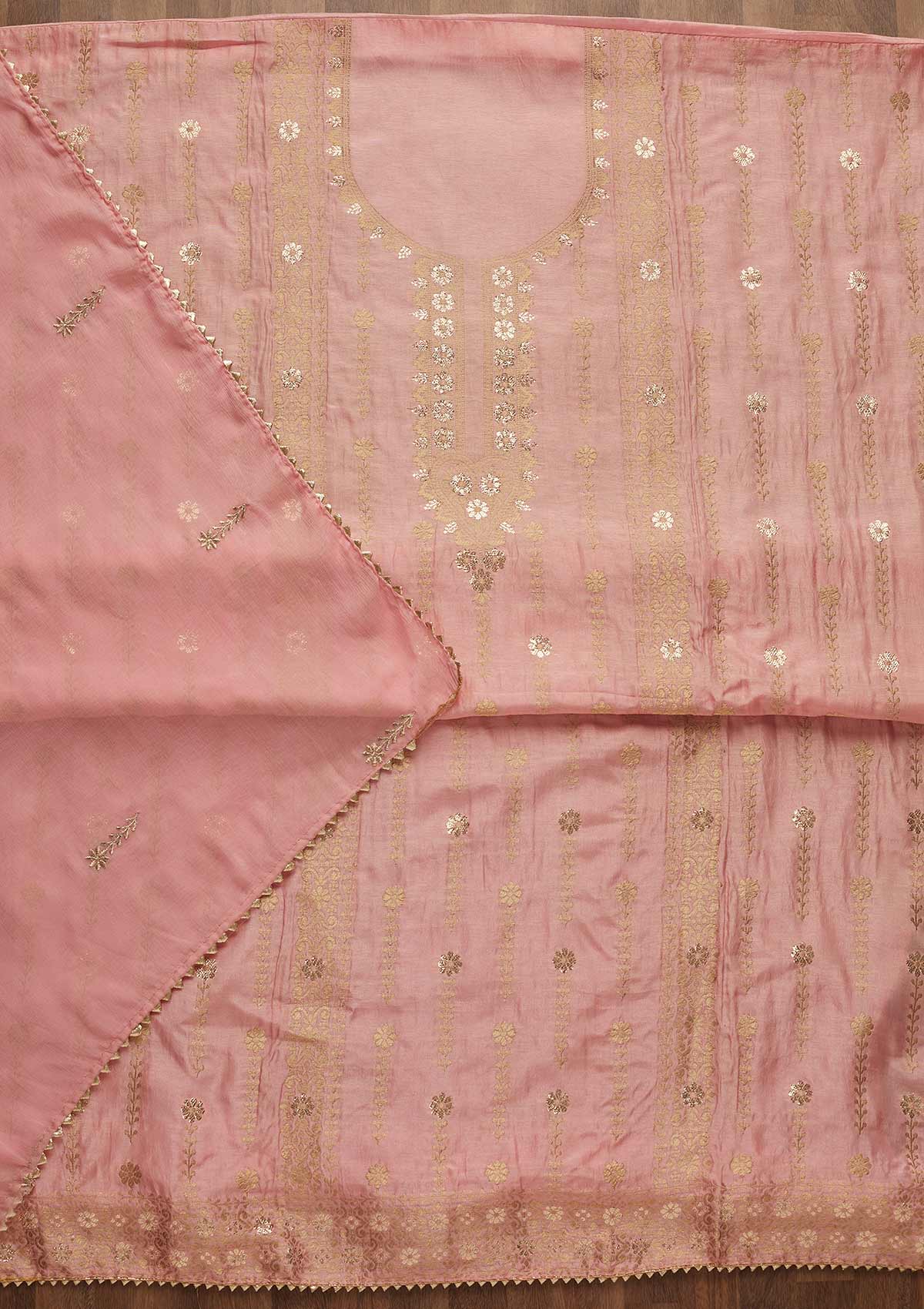 Pink Zariwork Semi Crepe Unstitched Salwar Suit-Koskii