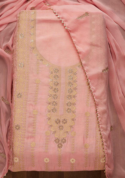 Pink Zariwork Semi Crepe Unstitched Salwar Suit-Koskii