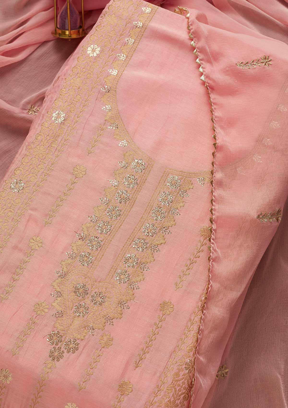 Pink Zariwork Semi Crepe Unstitched Salwar Suit-Koskii