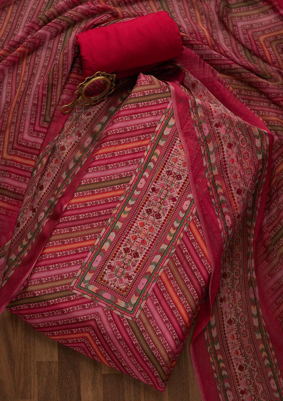 Pink Zariwork Semi Crepe Unstitched Salwar Suit-Koskii