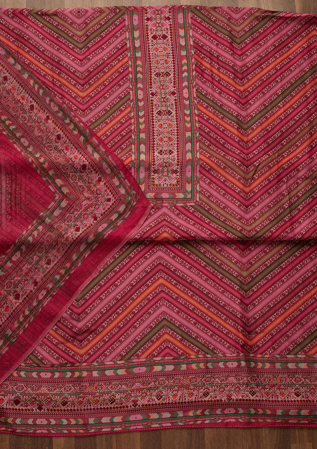 Pink Zariwork Semi Crepe Unstitched Salwar Suit-Koskii