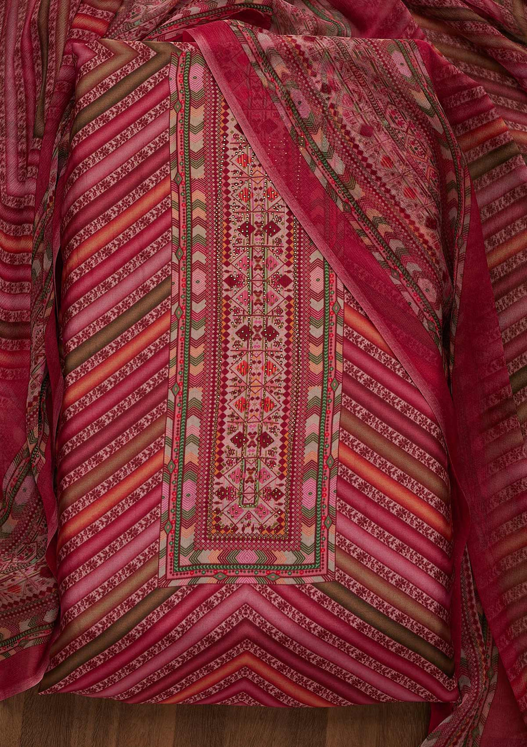 Pink Zariwork Semi Crepe Unstitched Salwar Suit-Koskii