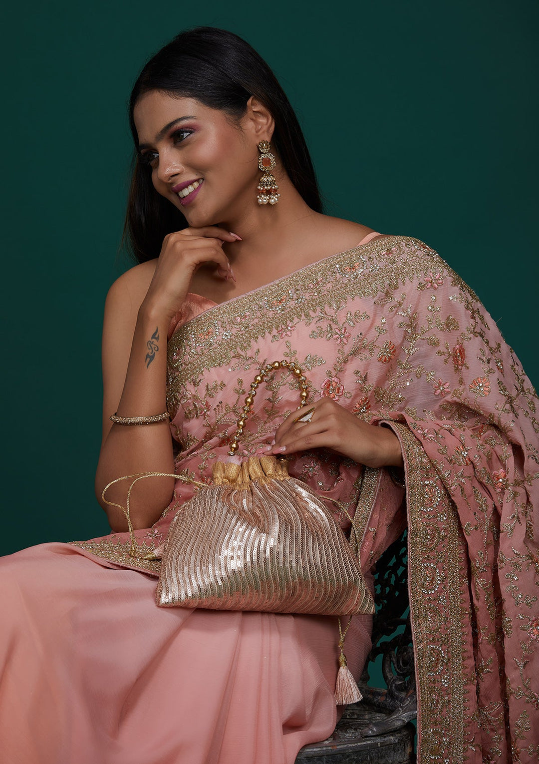 Pink Zariwork Semi Crepe Saree - Koskii