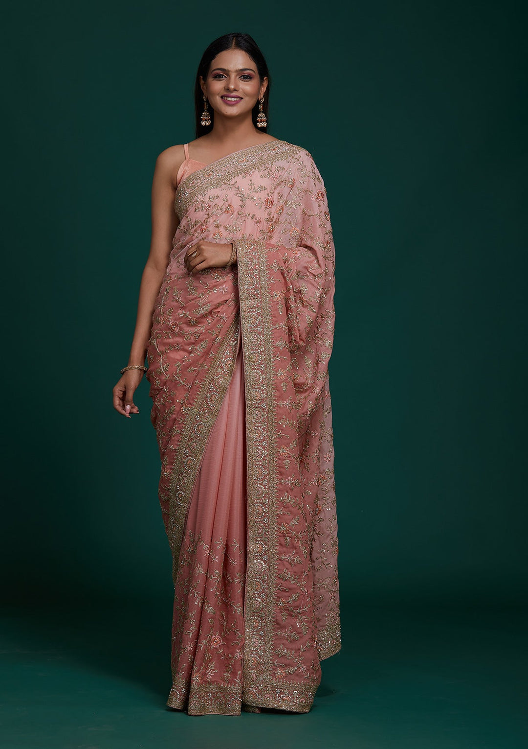 Pink Zariwork Semi Crepe Saree - Koskii