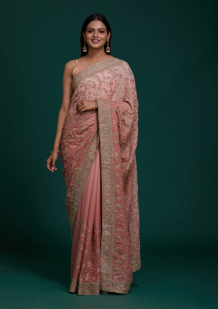 Pink Zariwork Semi Crepe Saree - Koskii