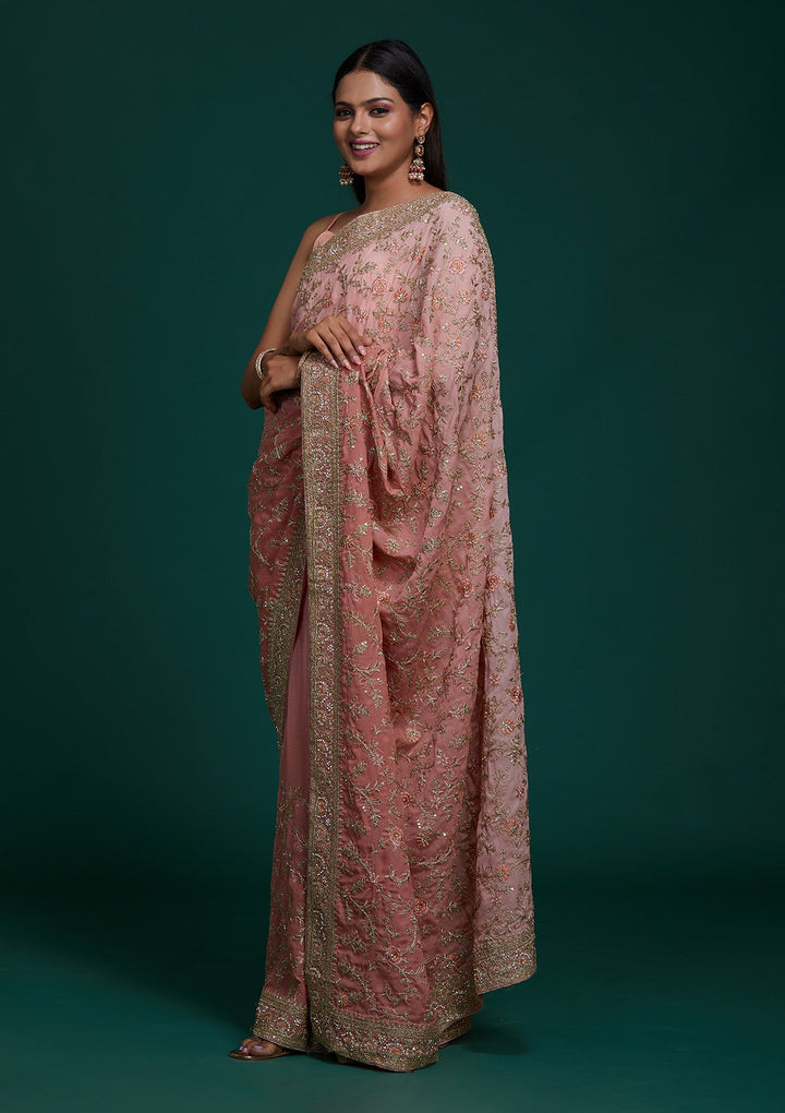 Pink Zariwork Semi Crepe Saree - Koskii