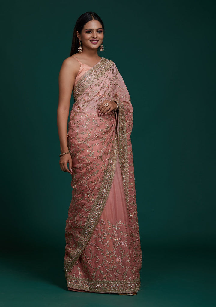 Pink Zariwork Semi Crepe Saree - Koskii