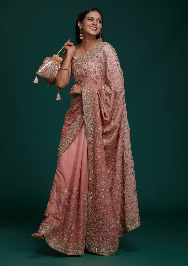 Pink Zariwork Semi Crepe Saree - Koskii