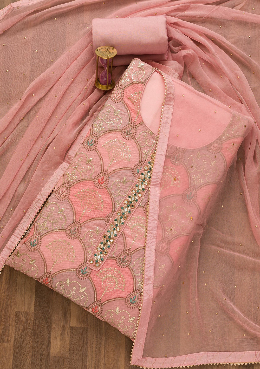 Pink Zariwork Poly Chanderi Unstitched Salwar Kameez-Koskii