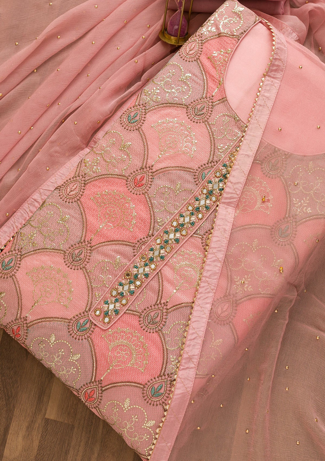 Pink Zariwork Poly Chanderi Unstitched Salwar Kameez-Koskii