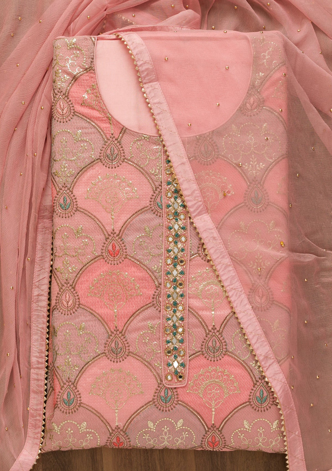 Pink Zariwork Poly Chanderi Unstitched Salwar Kameez-Koskii