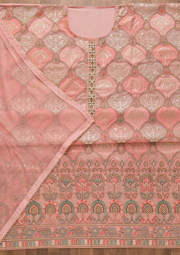 Pink Zariwork Poly Chanderi Unstitched Salwar Kameez-Koskii