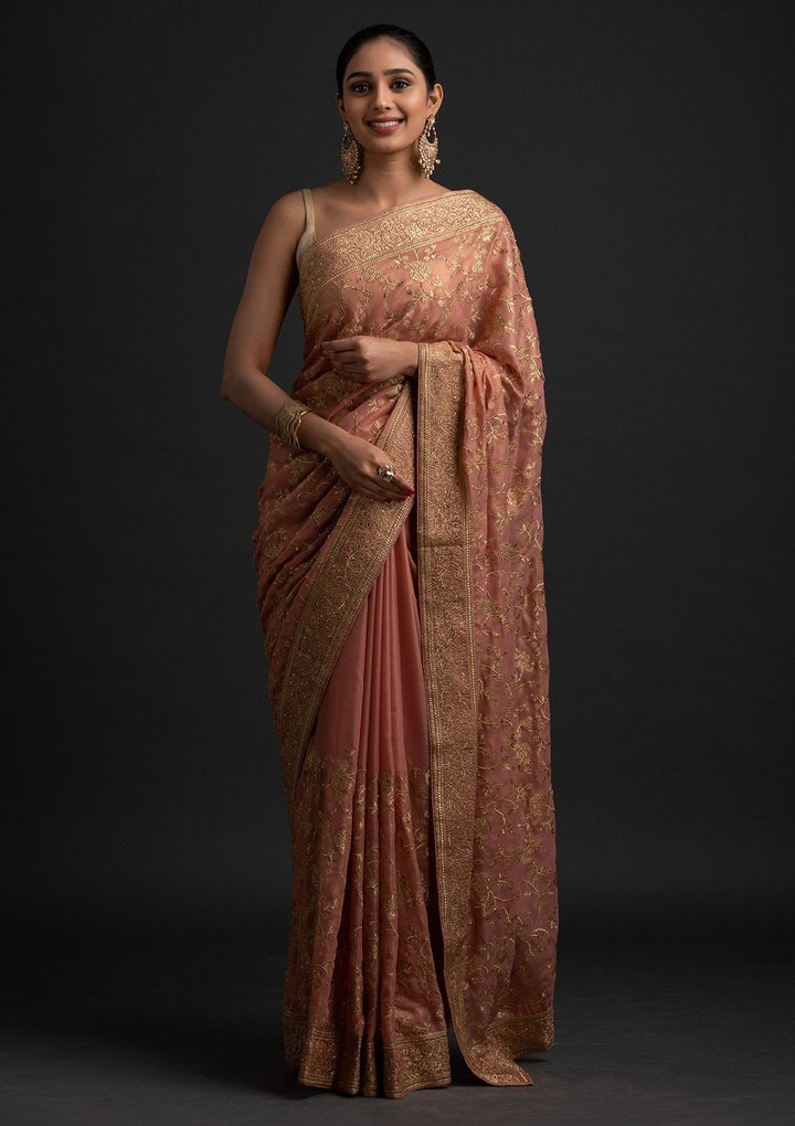 Peach Zariwork Shimmer Designer Saree - koskii