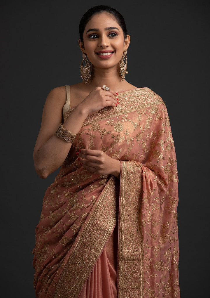 Peach Zariwork Shimmer Designer Saree - koskii
