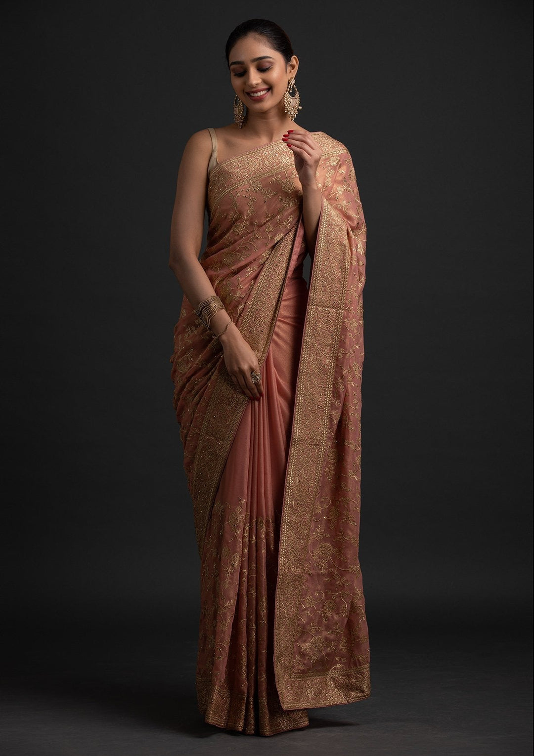 Peach Zariwork Shimmer Designer Saree - koskii