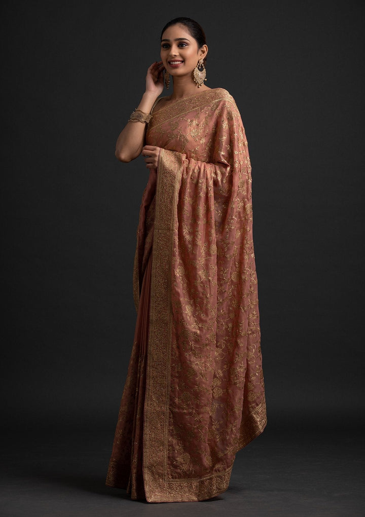 Peach Zariwork Shimmer Designer Saree - koskii