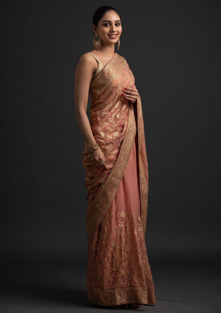 Peach Zariwork Shimmer Designer Saree - koskii