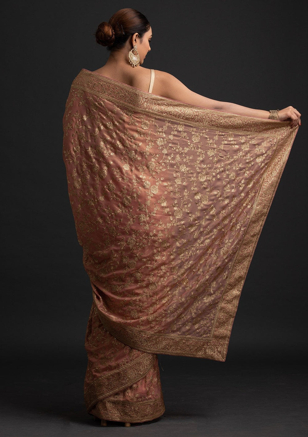 Peach Zariwork Shimmer Designer Saree - koskii