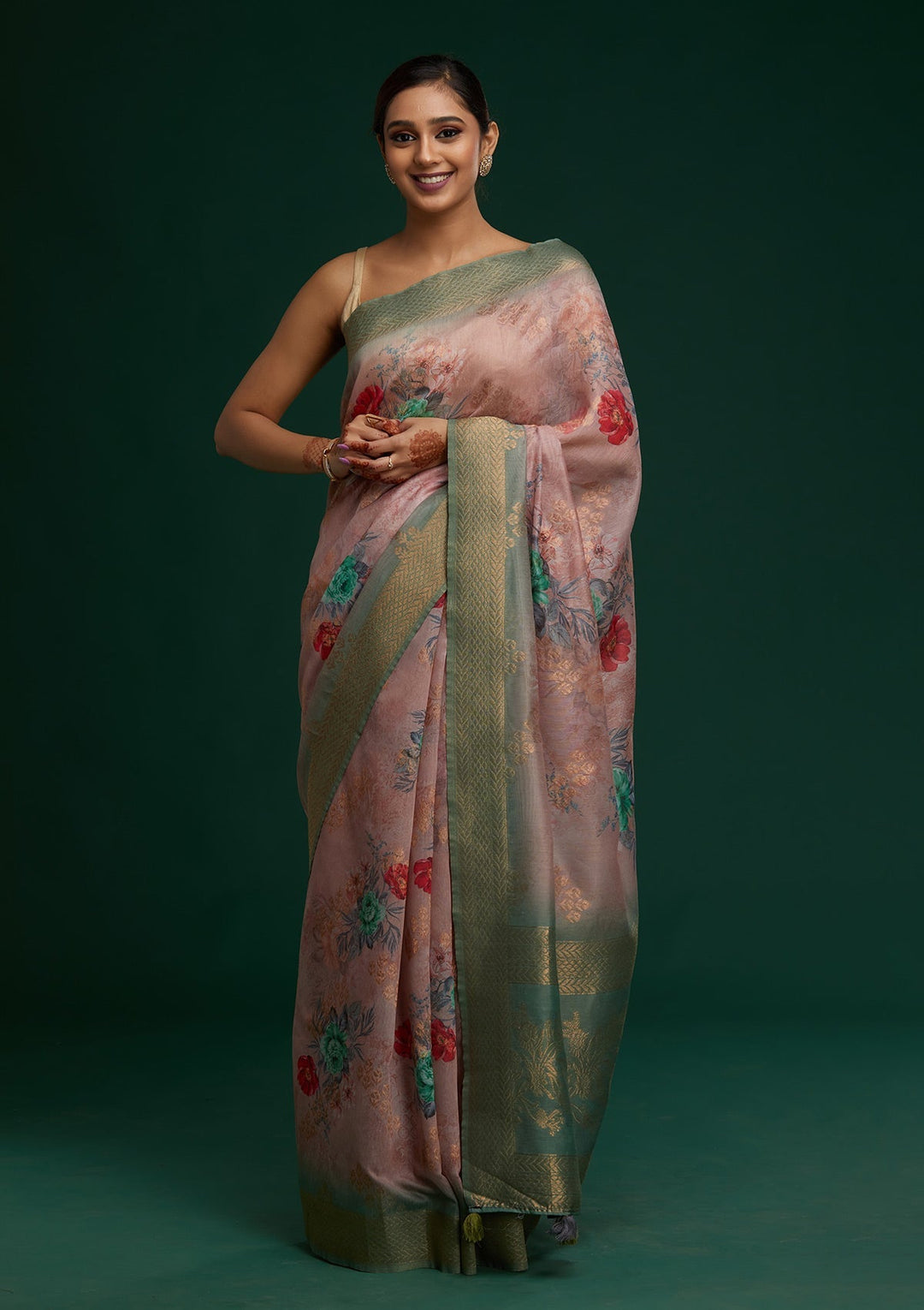 Pink Zariwork Taffeta Silk Saree- Koskii