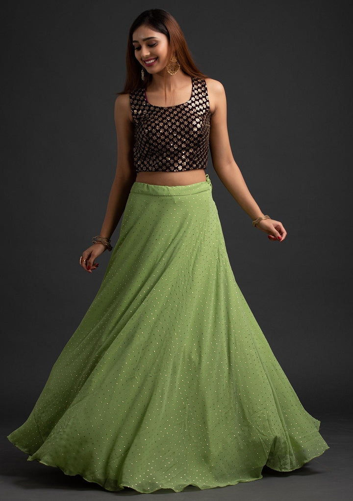Pista Green Badla Georgette Designer Skirt - koskii