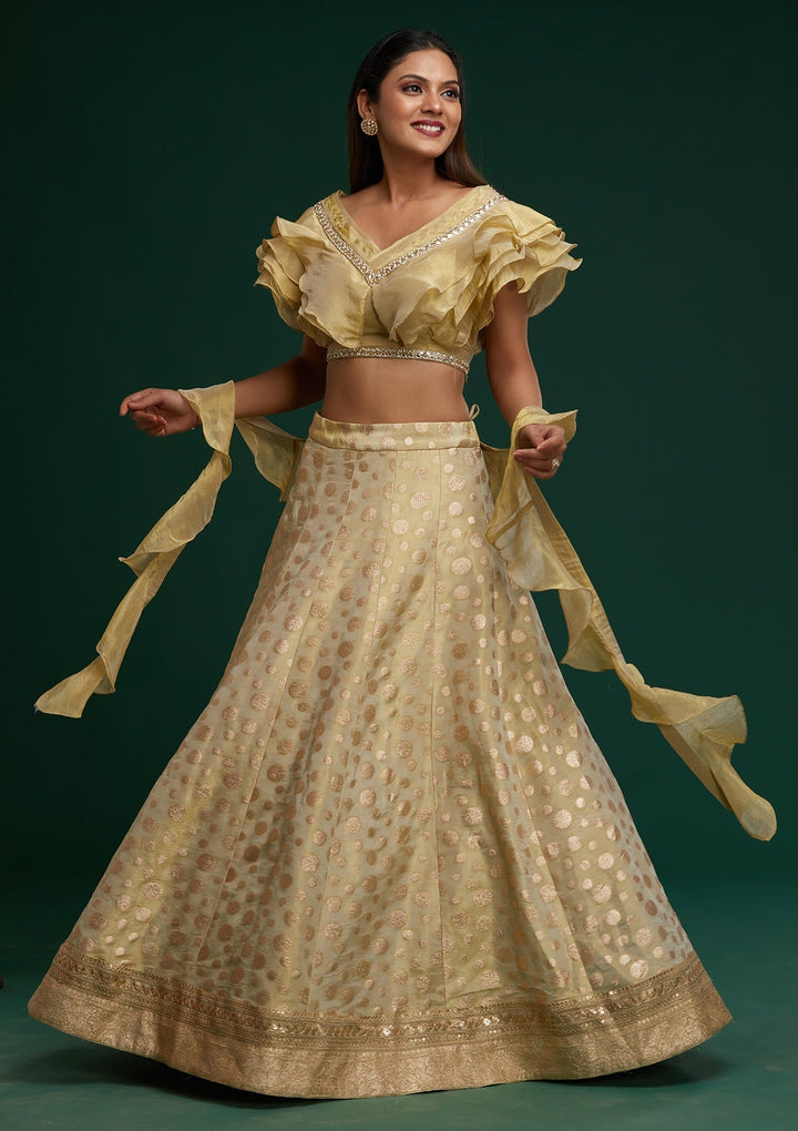 Pista Green Zari Work Banarasi Designer Lehenga- Koskii