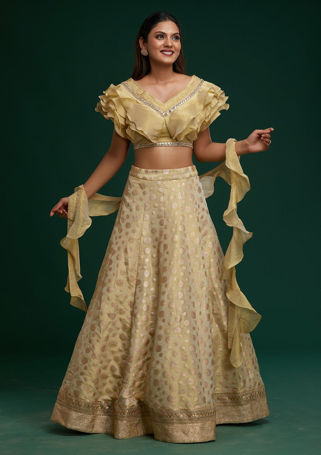 Pista Green Zari Work Banarasi Designer Lehenga - Koskii