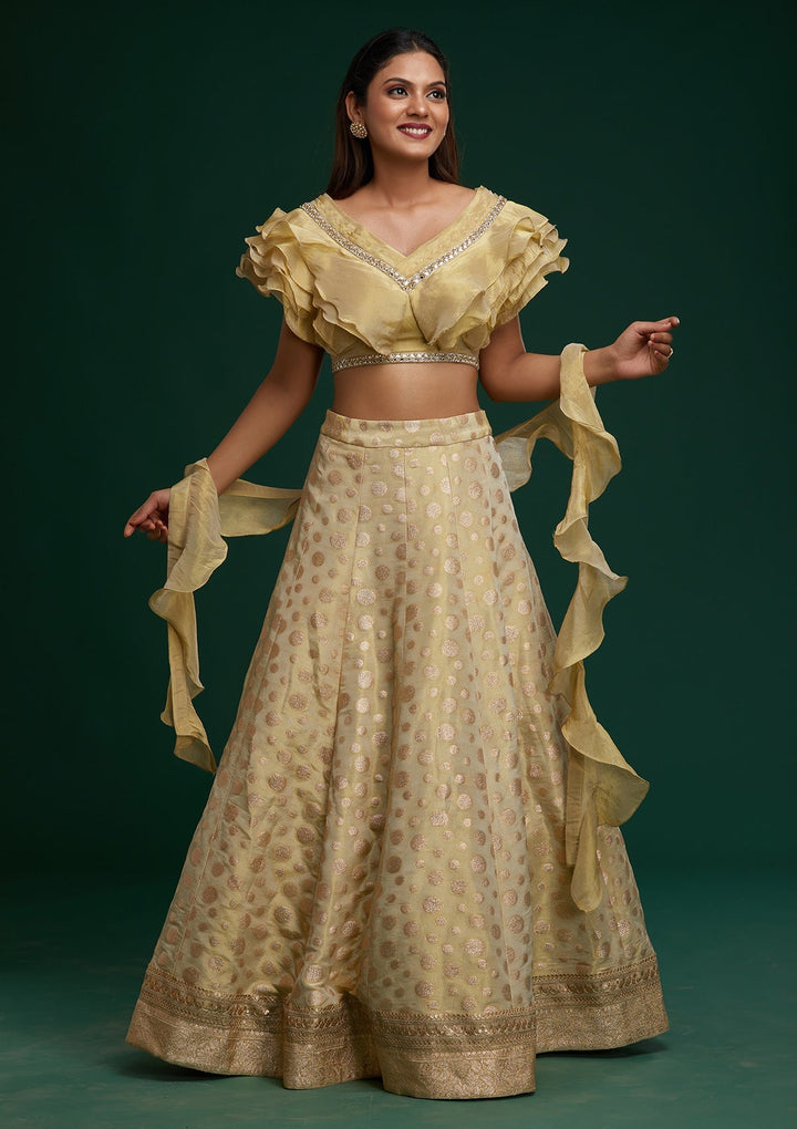 Pista Green Zari Work Banarasi Designer Lehenga - Koskii