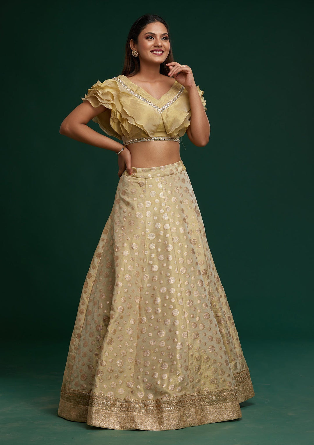 Pista Green Zari Work Banarasi Designer Lehenga - Koskii