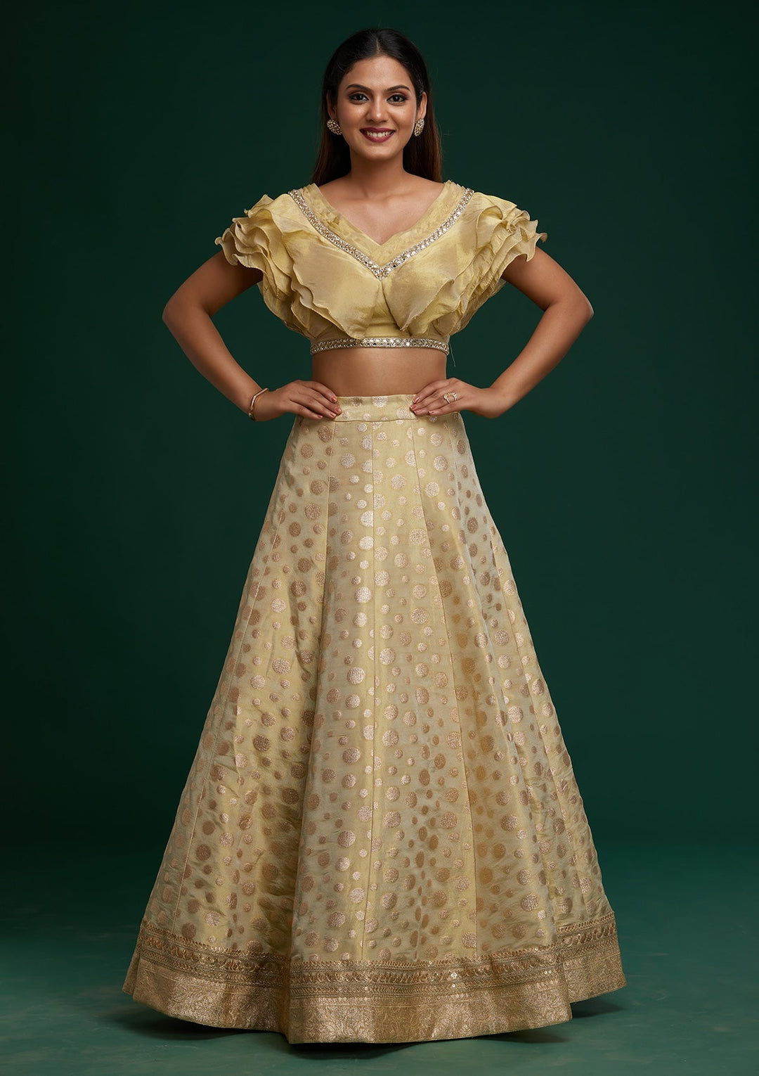 Pista Green Zari Work Banarasi Designer Lehenga - Koskii