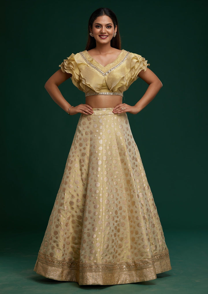 Pista Green Zari Work Banarasi Designer Lehenga - Koskii