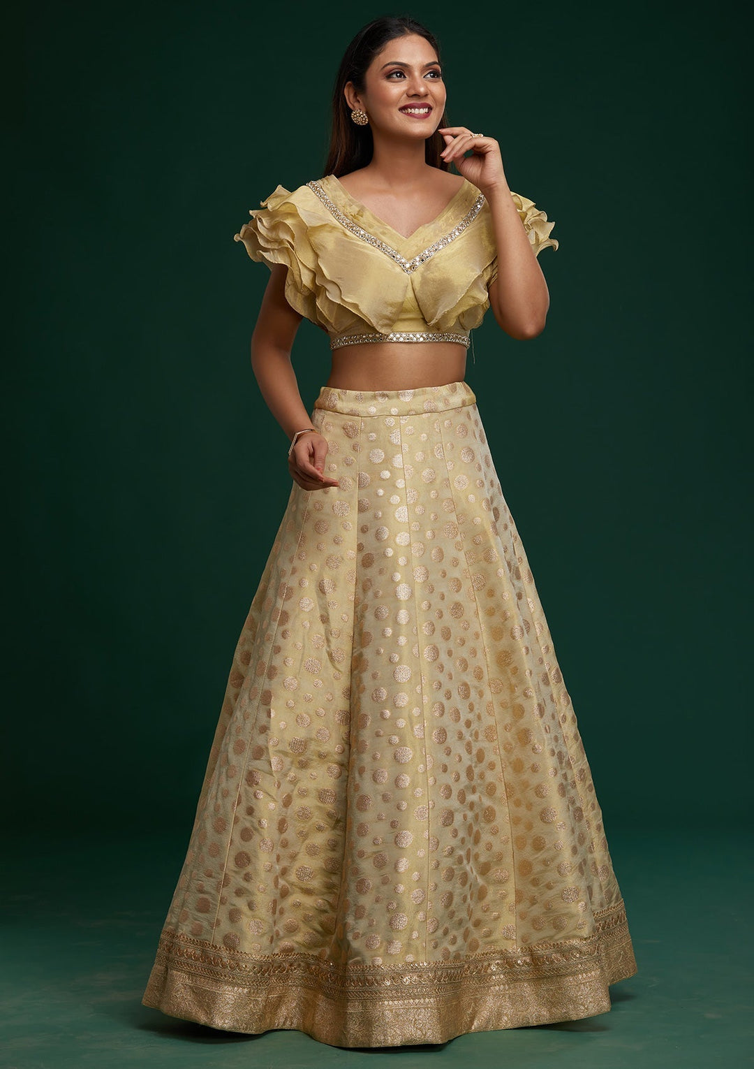 Pista Green Zari Work Banarasi Designer Lehenga - Koskii